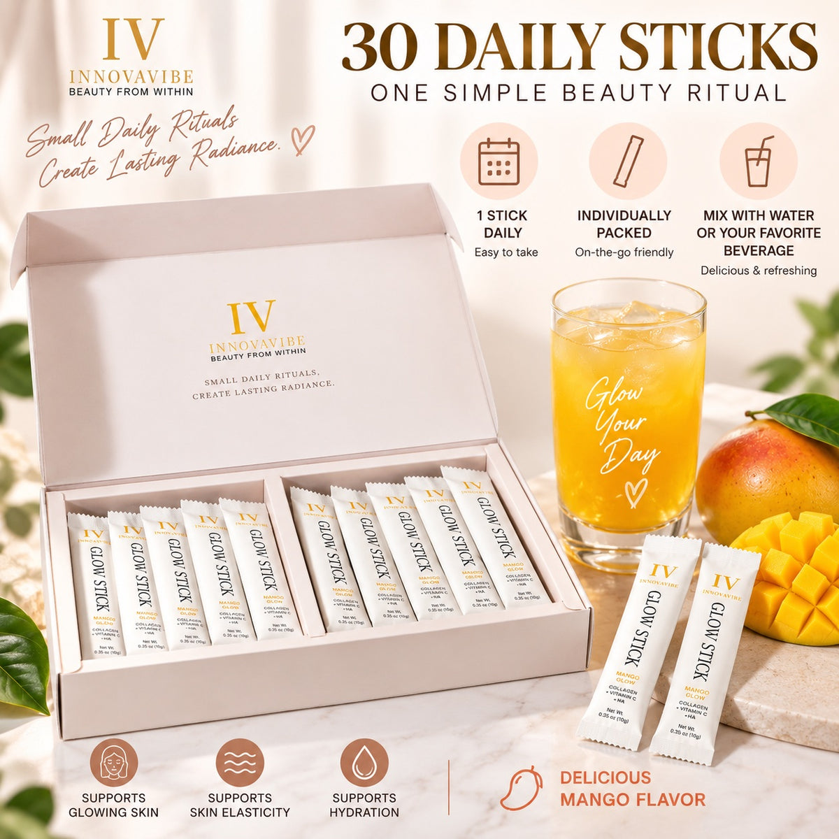 INNOVAVIBE Mango Collagen Glow Sticks for Women – 7,000mg Collagen + Vitamin C + HA, 30 Counts