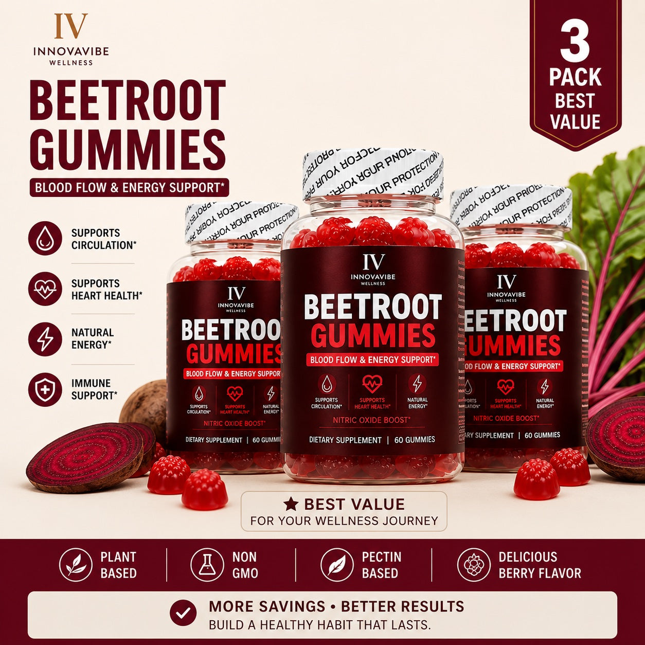 INNOVAVIBE Flow Gummies 3-Pack | Beetroot Nitric Oxide Support